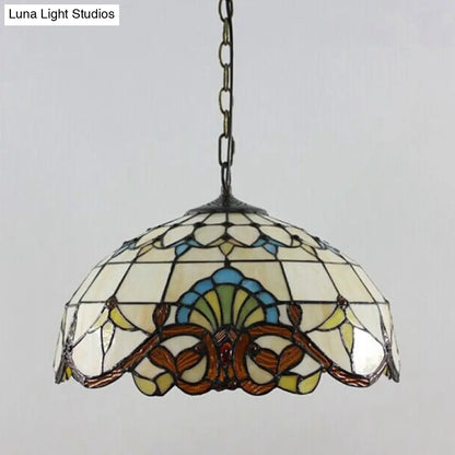 Tiffany 1-Light Beige Stained Glass Dome Pendant – Elegant Suspension Lighting for Dining Room