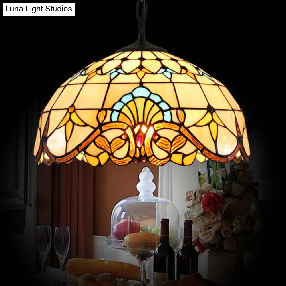 Tiffany 1-Light Beige Stained Glass Dome Pendant – Elegant Suspension Lighting for Dining Room