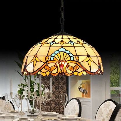 Tiffany 1-Light Beige Stained Glass Dome Pendant – Elegant Suspension Lighting for Dining Room