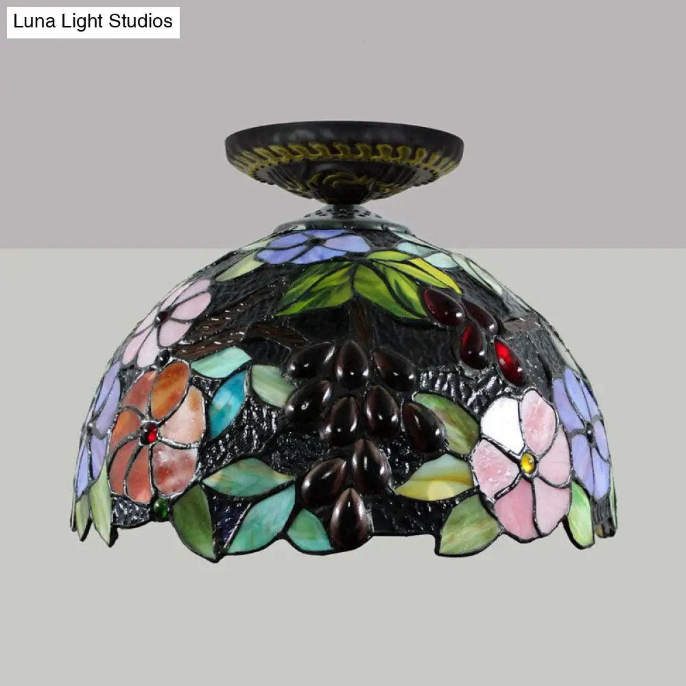 DecorBites™ DecorBites™ Tiffany 1-Light Stained Glass Blossom Ceiling Lamp- Brass Flushmount, 12"/16" Width