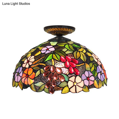 DecorBites™ DecorBites™ Tiffany 1-Light Stained Glass Blossom Ceiling Lamp- Brass Flushmount, 12"/16" Width