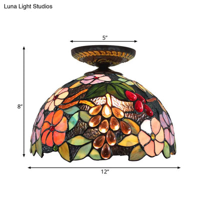 DecorBites™ DecorBites™ Tiffany 1-Light Stained Glass Blossom Ceiling Lamp- Brass Flushmount, 12"/16" Width
