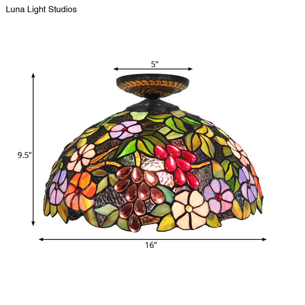 DecorBites™ DecorBites™ Tiffany 1-Light Stained Glass Blossom Ceiling Lamp- Brass Flushmount, 12"/16" Width