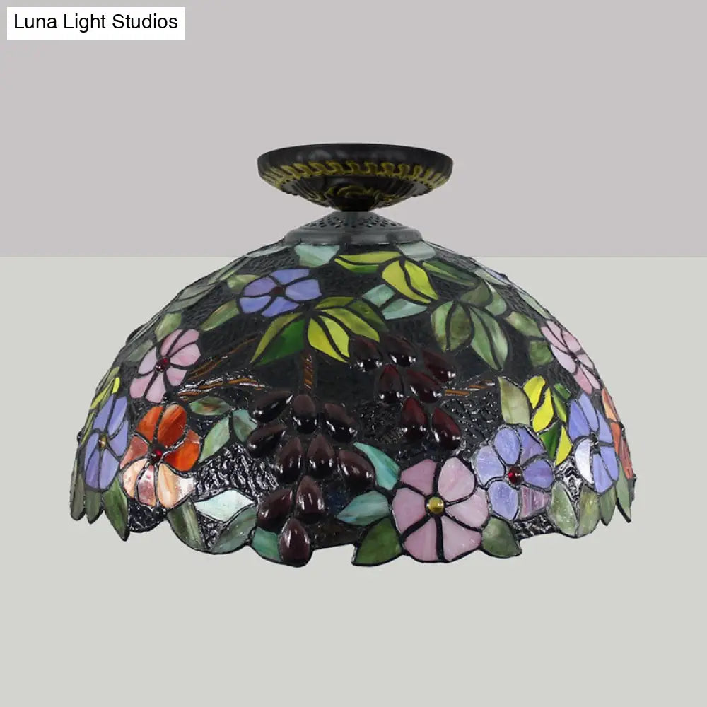 DecorBites™ DecorBites™ Tiffany 1-Light Stained Glass Blossom Ceiling Lamp- Brass Flushmount, 12"/16" Width