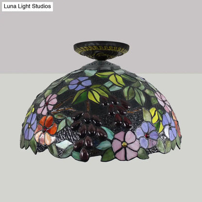 DecorBites™ DecorBites™ Tiffany 1-Light Stained Glass Blossom Ceiling Lamp- Brass Flushmount, 12"/16" Width