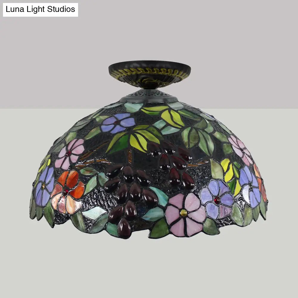 DecorBites™ DecorBites™ Tiffany 1-Light Stained Glass Blossom Ceiling Lamp- Brass Flushmount, 12"/16" Width