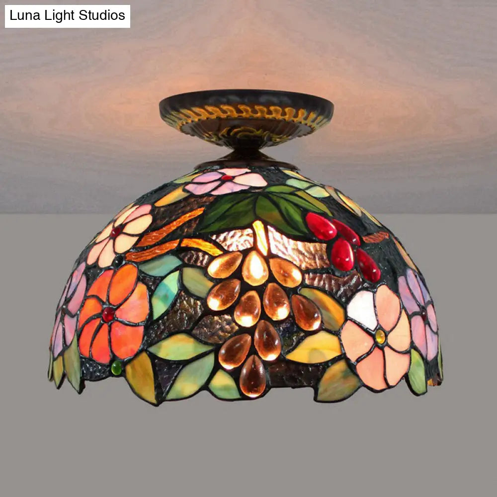 DecorBites™ DecorBites™ Tiffany 1-Light Stained Glass Blossom Ceiling Lamp- Brass Flushmount, 12"/16" Width