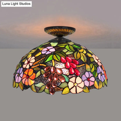 DecorBites™ DecorBites™ Tiffany 1-Light Stained Glass Blossom Ceiling Lamp- Brass Flushmount, 12"/16" Width