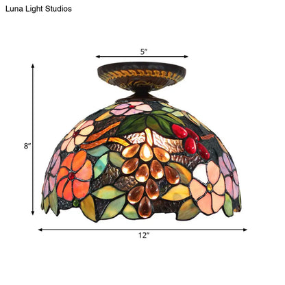 DecorBites™ DecorBites™ Tiffany 1-Light Stained Glass Blossom Ceiling Lamp- Brass Flushmount, 12"/16" Width