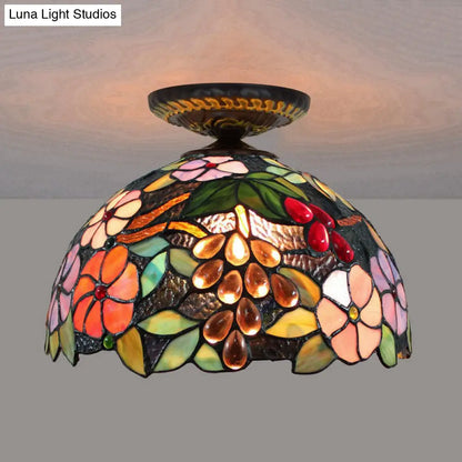 DecorBites™ DecorBites™ Tiffany 1-Light Stained Glass Blossom Ceiling Lamp- Brass Flushmount, 12"/16" Width