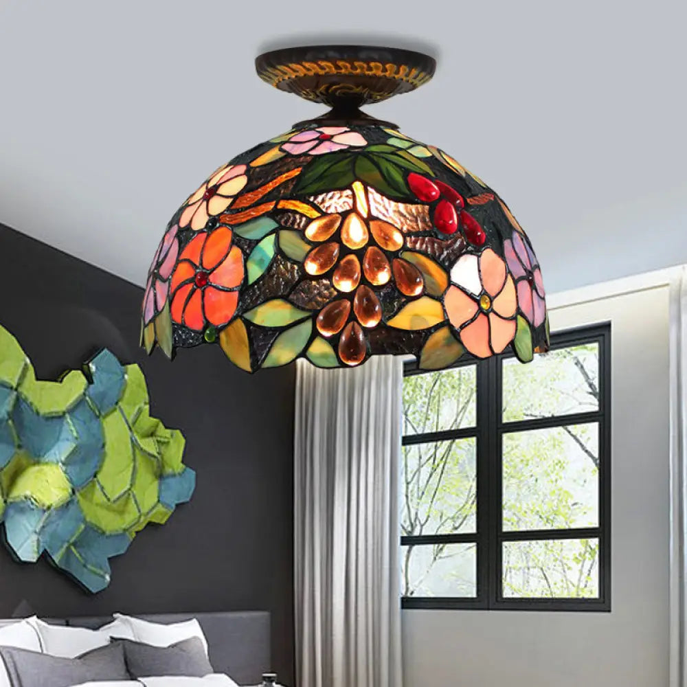 DecorBites™ DecorBites™ Tiffany 1-Light Stained Glass Blossom Ceiling Lamp- Brass Flushmount, 12"/16" Width