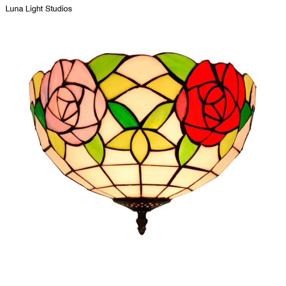 DecorBites™ DecorBites™ Tiffany 2-Light Stained Glass Floral Ceiling Fixture – Brass Flush Mount for Bedroom