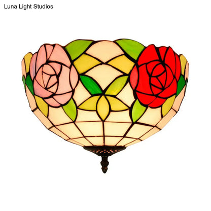 DecorBites™ DecorBites™ Tiffany 2-Light Stained Glass Floral Ceiling Fixture – Brass Flush Mount for Bedroom