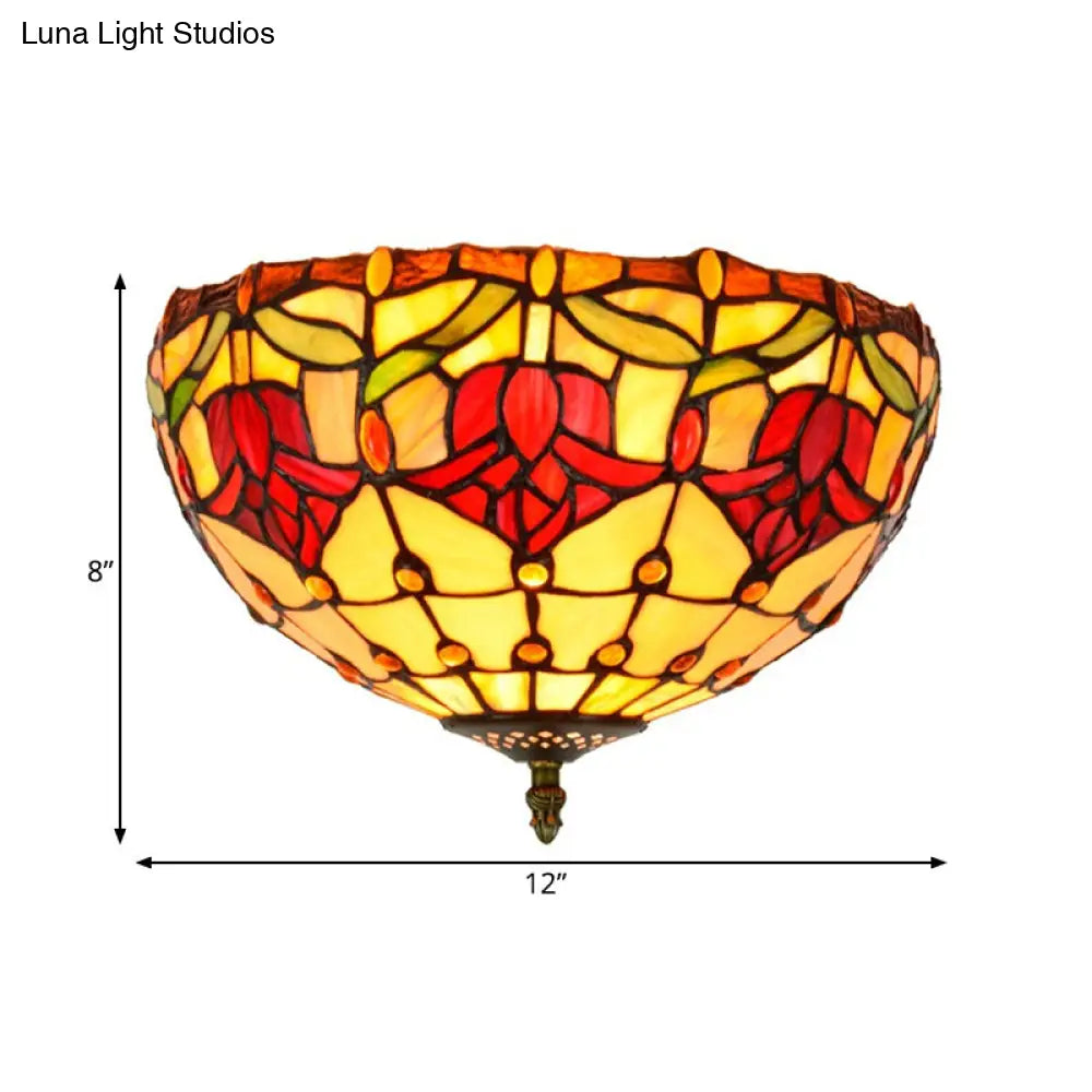DecorBites™ DecorBites™ Tiffany 2-Light Stained Glass Floral Ceiling Fixture – Brass Flush Mount for Bedroom