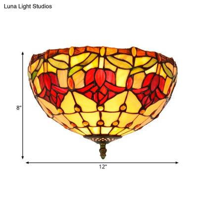 DecorBites™ DecorBites™ Tiffany 2-Light Stained Glass Floral Ceiling Fixture – Brass Flush Mount for Bedroom