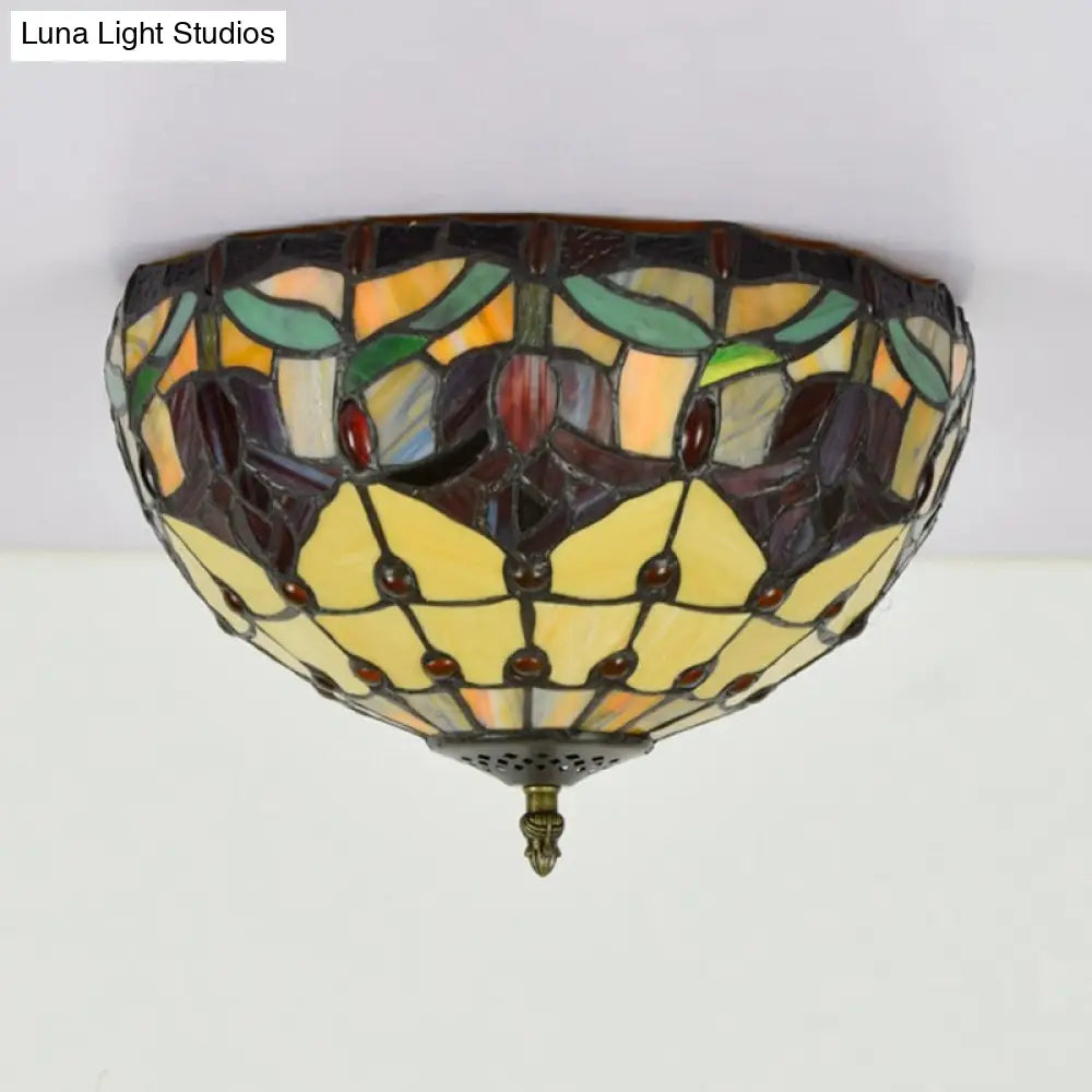 DecorBites™ DecorBites™ Tiffany 2-Light Stained Glass Floral Ceiling Fixture – Brass Flush Mount for Bedroom