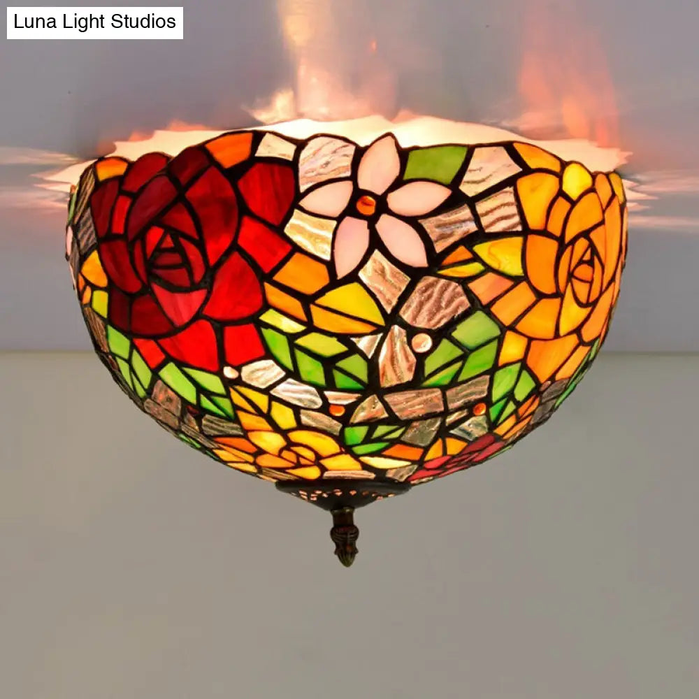 DecorBites™ DecorBites™ Tiffany 2-Light Stained Glass Floral Ceiling Fixture – Brass Flush Mount for Bedroom