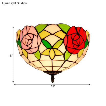 DecorBites™ DecorBites™ Tiffany 2-Light Stained Glass Floral Ceiling Fixture – Brass Flush Mount for Bedroom