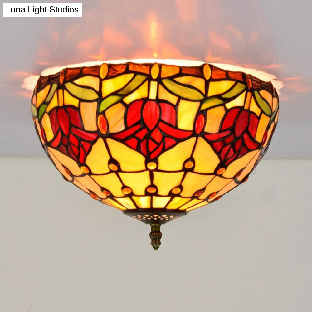 DecorBites™ DecorBites™ Tiffany 2-Light Stained Glass Floral Ceiling Fixture – Brass Flush Mount for Bedroom