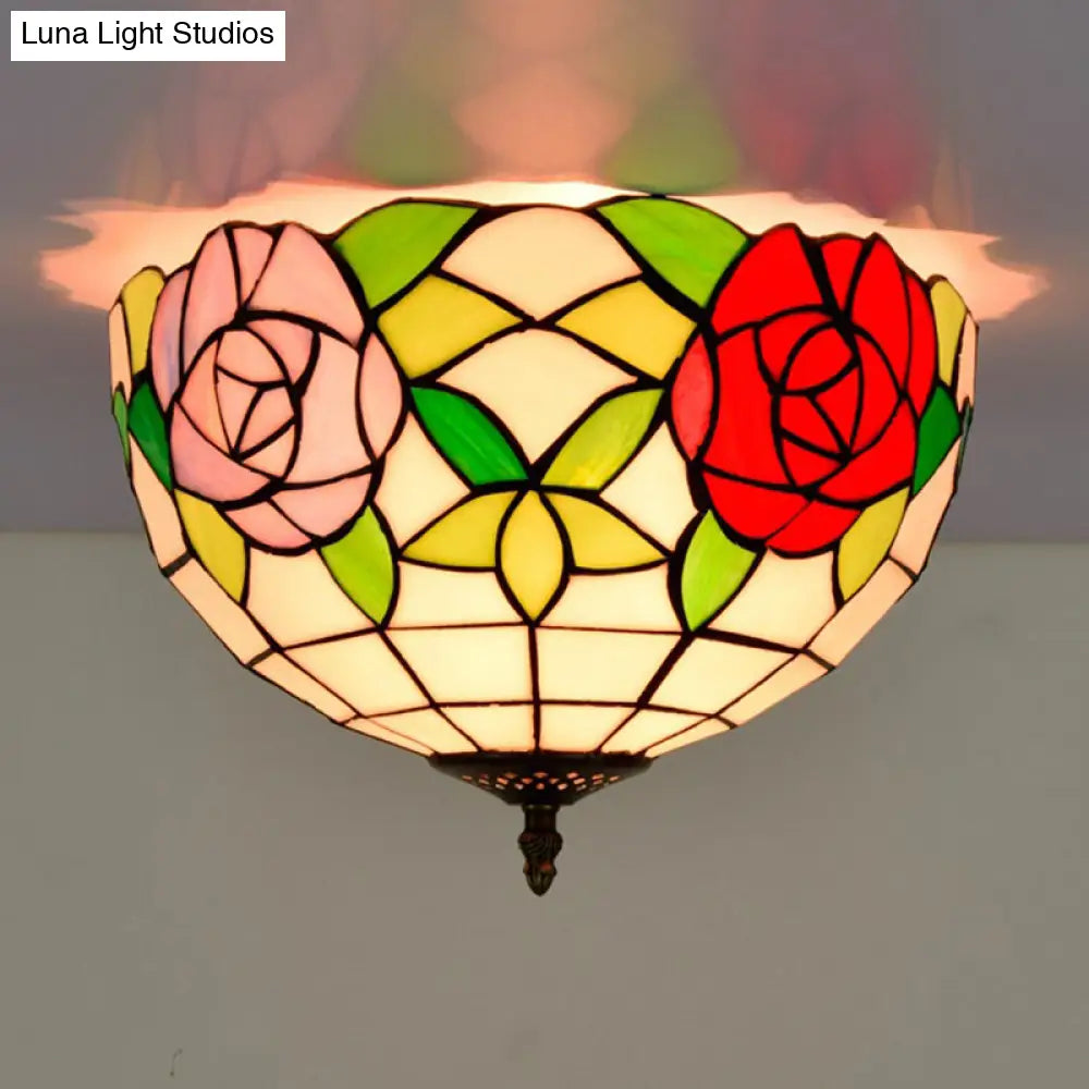 DecorBites™ DecorBites™ Tiffany 2-Light Stained Glass Floral Ceiling Fixture – Brass Flush Mount for Bedroom