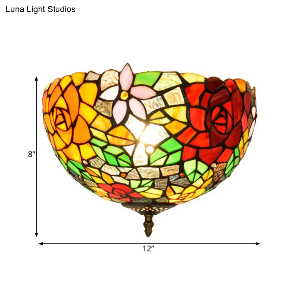 DecorBites™ DecorBites™ Tiffany 2-Light Stained Glass Floral Ceiling Fixture – Brass Flush Mount for Bedroom