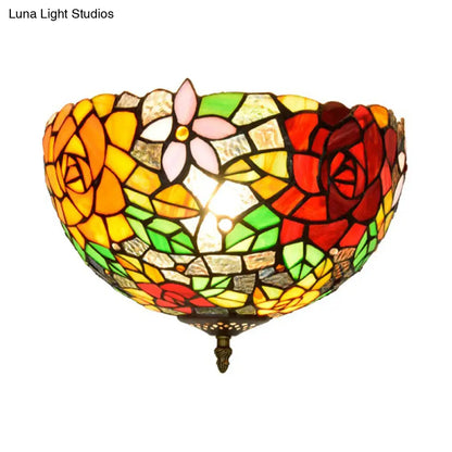 DecorBites™ DecorBites™ Tiffany 2-Light Stained Glass Floral Ceiling Fixture – Brass Flush Mount for Bedroom