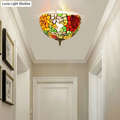 DecorBites™ DecorBites™ Tiffany 2-Light Stained Glass Floral Ceiling Fixture – Brass Flush Mount for Bedroom