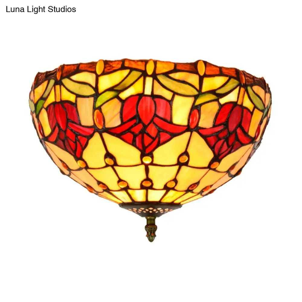 DecorBites™ DecorBites™ Tiffany 2-Light Stained Glass Floral Ceiling Fixture – Brass Flush Mount for Bedroom