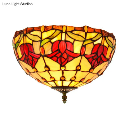 DecorBites™ DecorBites™ Tiffany 2-Light Stained Glass Floral Ceiling Fixture – Brass Flush Mount for Bedroom