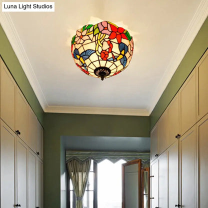 DecorBites™ DecorBites™ Tiffany 2-Light Stained Glass Floral Ceiling Fixture – Brass Flush Mount for Bedroom