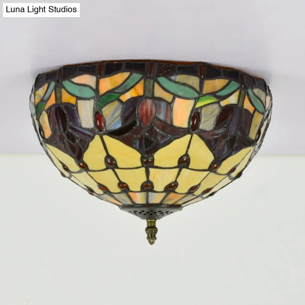 DecorBites™ DecorBites™ Tiffany 2-Light Stained Glass Floral Ceiling Fixture – Brass Flush Mount for Bedroom
