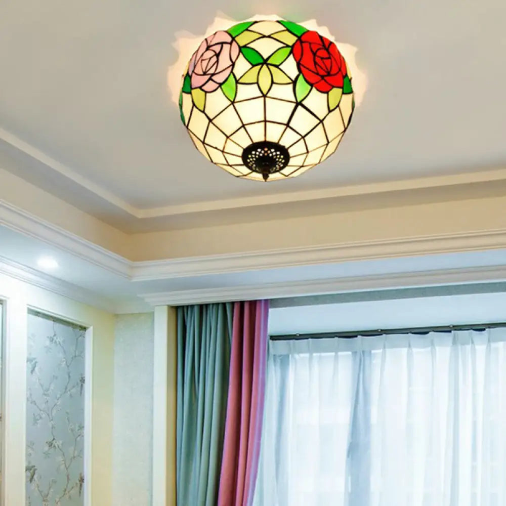 DecorBites™ DecorBites™ Tiffany 2-Light Stained Glass Floral Ceiling Fixture – Brass Flush Mount for Bedroom