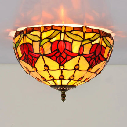 DecorBites™ DecorBites™ Tiffany 2-Light Stained Glass Floral Ceiling Fixture – Brass Flush Mount for Bedroom