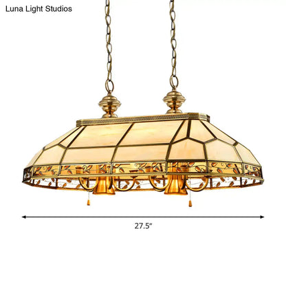 Gold-toned tiffany-style pendant light with floral stained glass panels and a 27.5-inch span for restaurant lighting