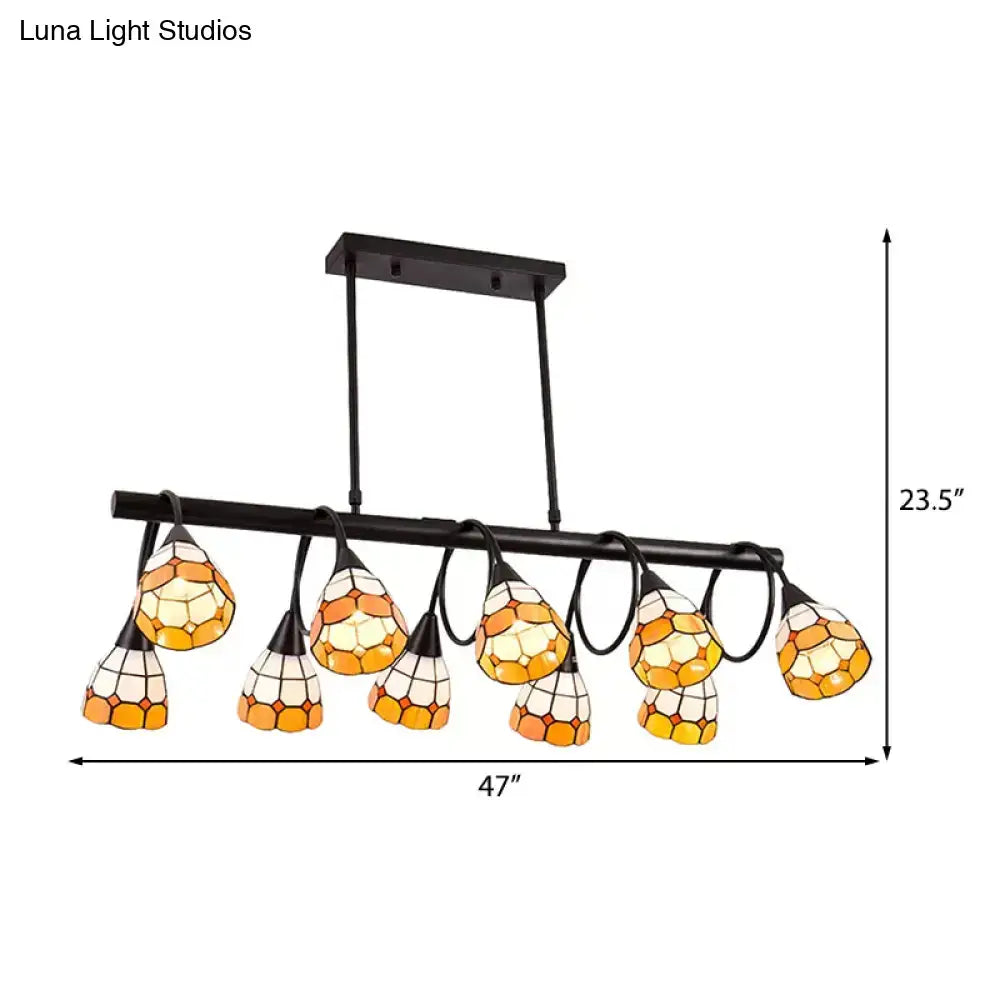 Black metal DecorBites™ chandelier with seven orange yellow white stained glass shades for kitchen island lighting
