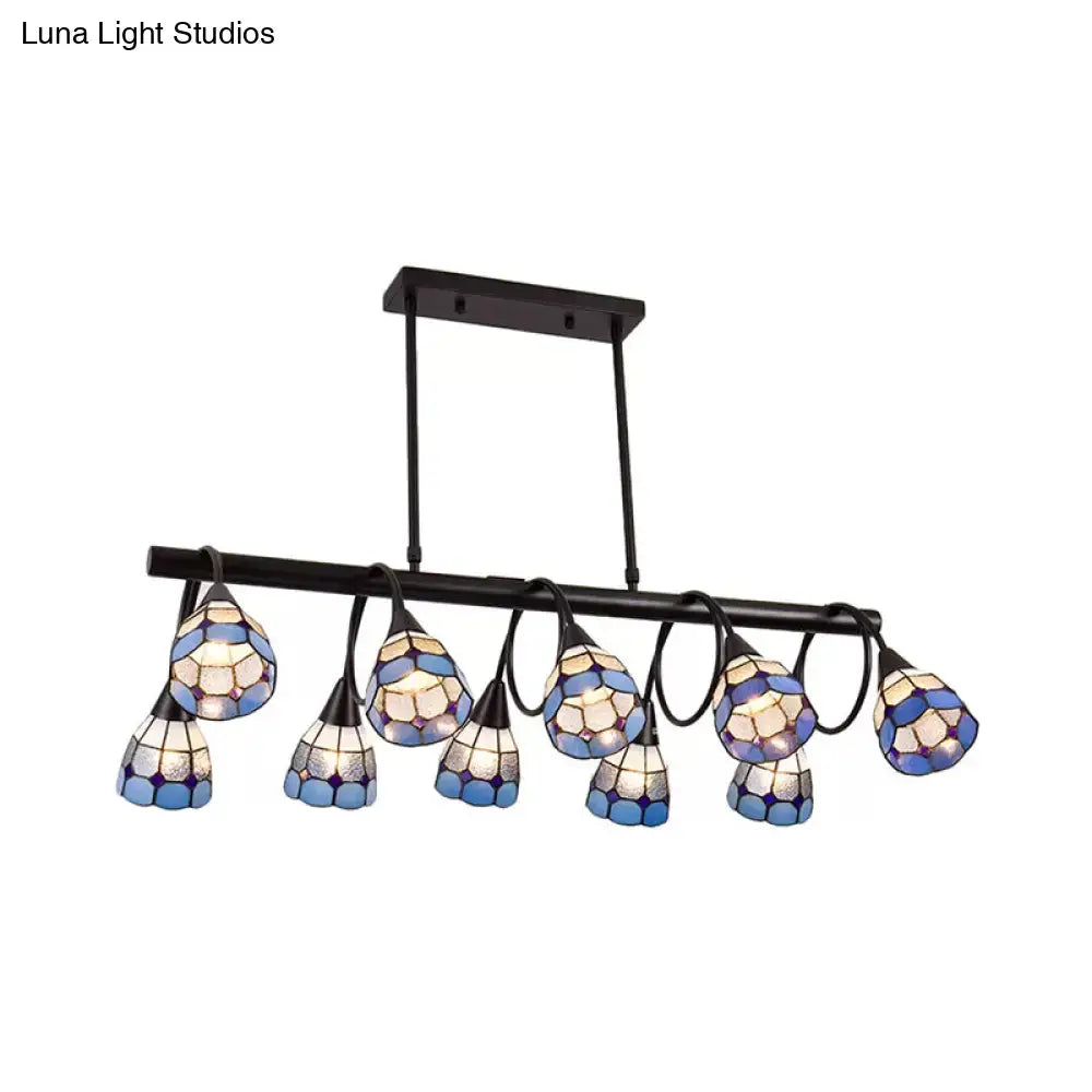 Black metal chandelier with seven blue white and purple stained glass mosaic lights for kitchen island lighting