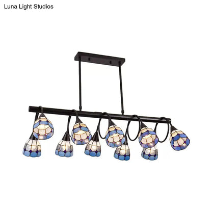 Black metal chandelier with seven blue white and purple stained glass mosaic lights for kitchen island lighting
