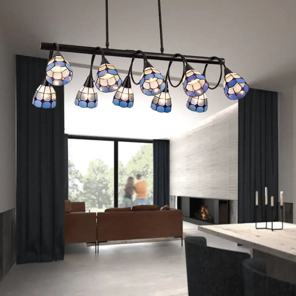 Stylish DecorBites™ black metal kitchen island lighting chandelier with eight blue and white stained glass shades