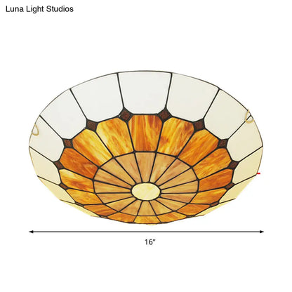 DecorBites™ DecorBites™ Tiffany Antique Art Glass Grid Bowl Ceiling Lamp in Blue/Orange/Yellow - 12"/16" Width - Bedroom Ceiling Mount