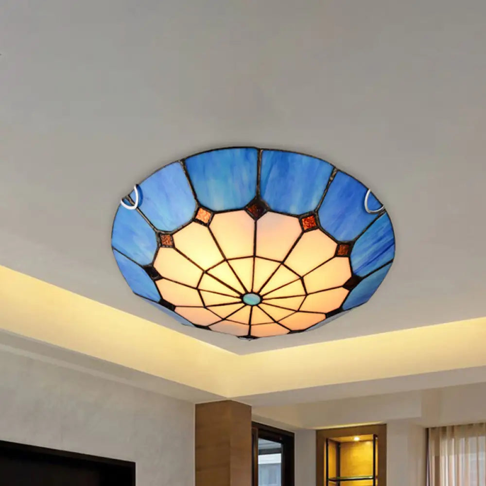 DecorBites™ DecorBites™ Tiffany Antique Art Glass Grid Bowl Ceiling Lamp in Blue/Orange/Yellow - 12"/16" Width - Bedroom Ceiling Mount