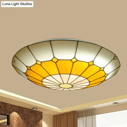 DecorBites™ DecorBites™ Tiffany Antique Art Glass Grid Bowl Ceiling Lamp in Blue/Orange/Yellow - 12"/16" Width - Bedroom Ceiling Mount