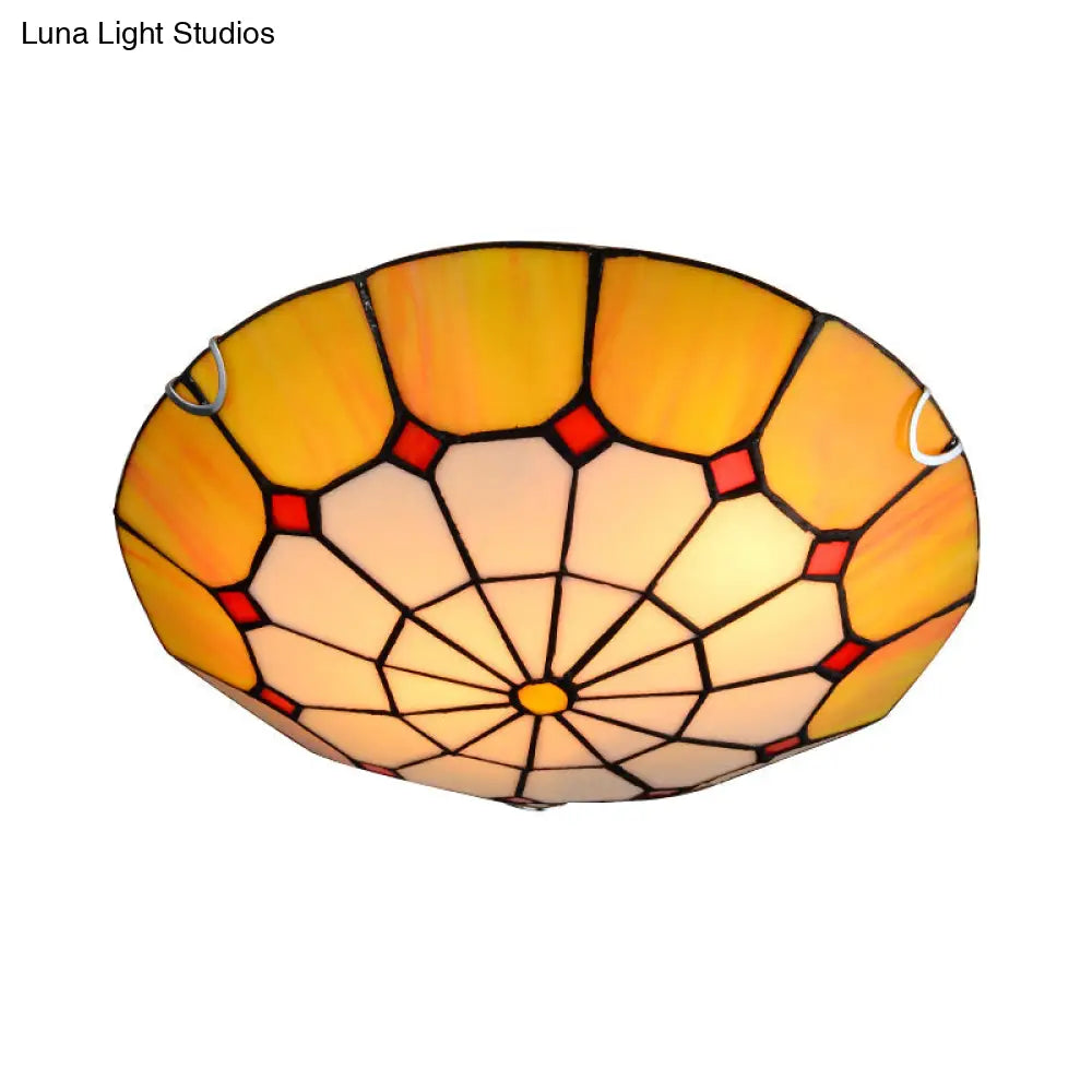 DecorBites™ DecorBites™ Tiffany Antique Art Glass Grid Bowl Ceiling Lamp in Blue/Orange/Yellow - 12"/16" Width - Bedroom Ceiling Mount