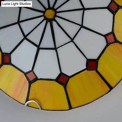 DecorBites™ DecorBites™ Tiffany Antique Art Glass Grid Bowl Ceiling Lamp in Blue/Orange/Yellow - 12"/16" Width - Bedroom Ceiling Mount