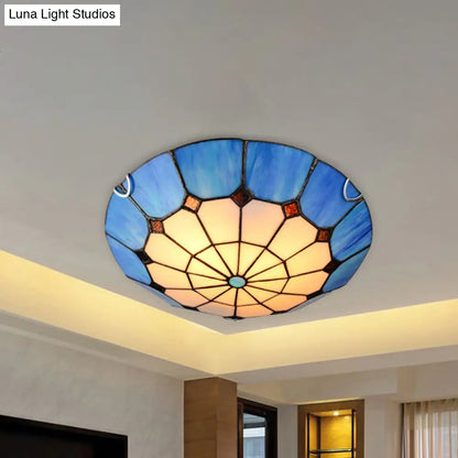 DecorBites™ DecorBites™ Tiffany Antique Art Glass Grid Bowl Ceiling Lamp in Blue/Orange/Yellow - 12"/16" Width - Bedroom Ceiling Mount