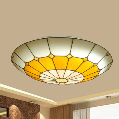 DecorBites™ DecorBites™ Tiffany Antique Art Glass Grid Bowl Ceiling Lamp in Blue/Orange/Yellow - 12"/16" Width - Bedroom Ceiling Mount