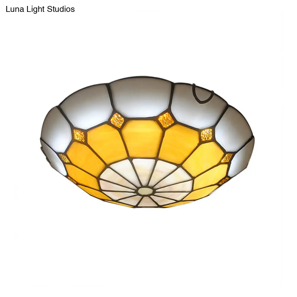 DecorBites™ DecorBites™ Tiffany Antique Art Glass Grid Bowl Ceiling Lamp in Blue/Orange/Yellow - 12"/16" Width - Bedroom Ceiling Mount