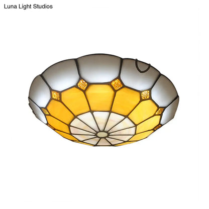 DecorBites™ DecorBites™ Tiffany Antique Art Glass Grid Bowl Ceiling Lamp in Blue/Orange/Yellow - 12"/16" Width - Bedroom Ceiling Mount