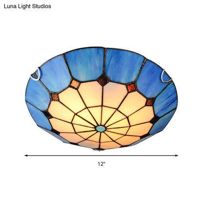 DecorBites™ DecorBites™ Tiffany Antique Art Glass Grid Bowl Ceiling Lamp in Blue/Orange/Yellow - 12"/16" Width - Bedroom Ceiling Mount