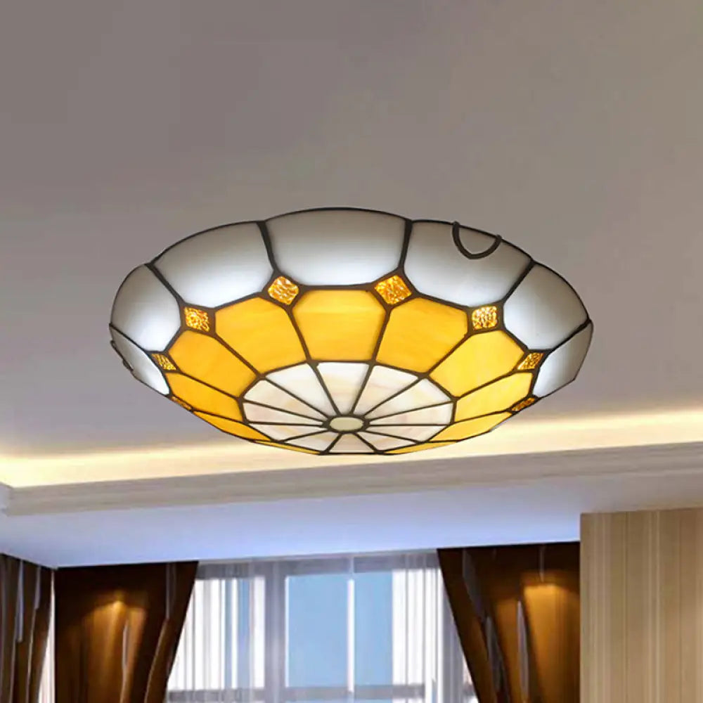 DecorBites™ DecorBites™ Tiffany Antique Art Glass Grid Bowl Ceiling Lamp in Blue/Orange/Yellow - 12"/16" Width - Bedroom Ceiling Mount