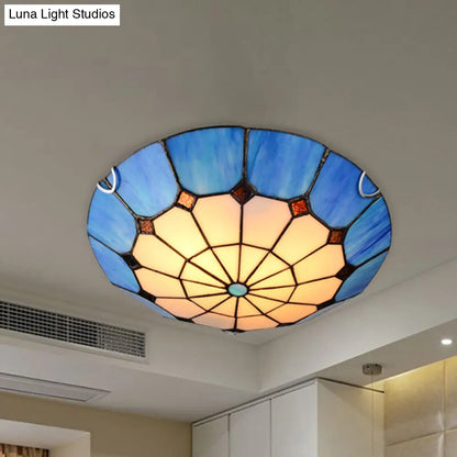 DecorBites™ DecorBites™ Tiffany Antique Art Glass Grid Bowl Ceiling Lamp in Blue/Orange/Yellow - 12"/16" Width - Bedroom Ceiling Mount